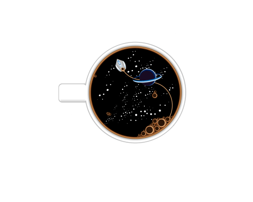 Digital art of a coffee mug. You are looking down into it from the top. The coffee is without cream or sugar; as black as space. And space it is. The brew's bubbles lead into a starry field where a silver spaceship soars past a ringed planet.