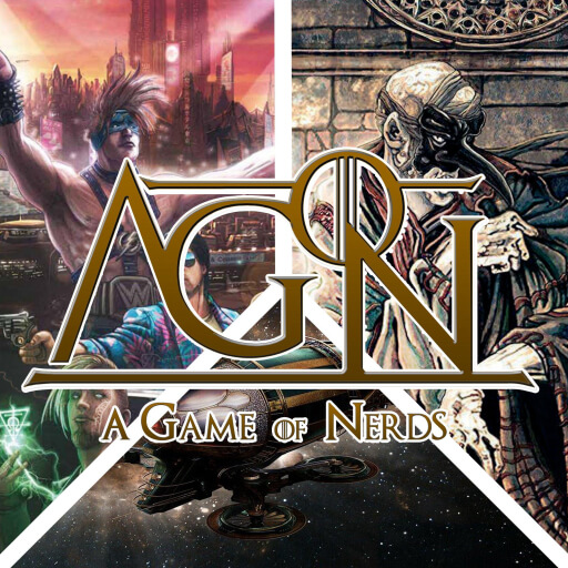 The shop "Agon - a Game of Nerds" logo with pieces of some of the artworks for our books on the background