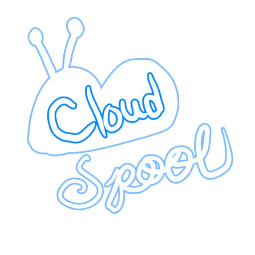 A drawn image of a white cloud with two knitting needles sticking out of the top. The outline of the cloud and needles is done in a light blue. The word "Cloud" is printed inside the cloud in lettering outlined in bright blue (the inside is white), while the word "Spool" is written below it in cursive, outlined in the same light blue as the cloud and needles (the inside is also white).