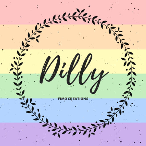 Logo: Dilly Fimo Creations with a rainbow pastel flag on the background 