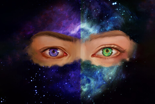 A galaxy background that is purple on one side, teal on the other. On the purple side, there is a purple eye, on the teal side, there is a green eye.
