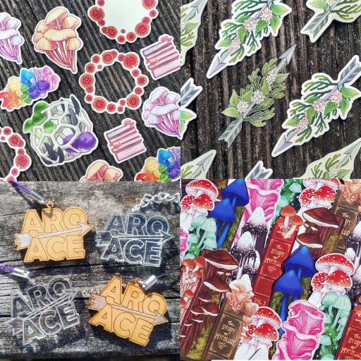 A collage of four photos; the first of various fungi sticker designs on a wood background, some which are rainbow and purple+white. A photo of a sticker design on a wood background of an arrow with green and white plants wrapping around it. a photo of four lasercut wood and acrylic keychains that say "AROACE" with an arrow in between.  a photo of many mushroom bookmark designs laid out on each other covering the surface.