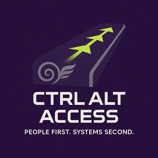 A purple moving sidewalk with arrows pointing you down the path. Above the image is the company name, and below the image is the tagline--People first, system second.