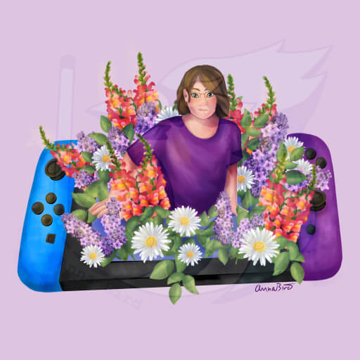 A digital painting of a white woman with shoulder length brown hair, waist up from the screen of a Nintendo Switch with purple and blue controllers. Around her are lilacs, white daisies, and orange snapdragon flowers.