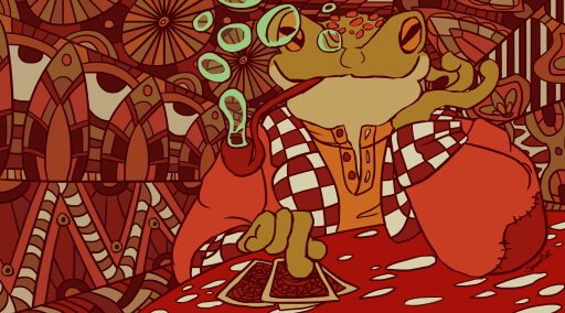 Psychedelic illustration of an anthro toad. The toad is a Colorado river toad dressed in a red jacket with checkered cuffs and collar, and is leaned against a toadstool preparing to draw a tarot card. He is blowing bubbles from a long-stemmed pipe. The background features psychedelic patterns in a slightly darker tone so the toad stands out from the back.
