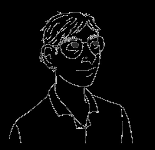 A line drawing of a white person with short hair. They are wearing glasses and a button-up shirt, in 3/4 view facing to the right.