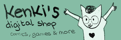 Picture annoncing "KENKI'S Digital Shop: Comics, games and more" with kenki on the side being thrilled!