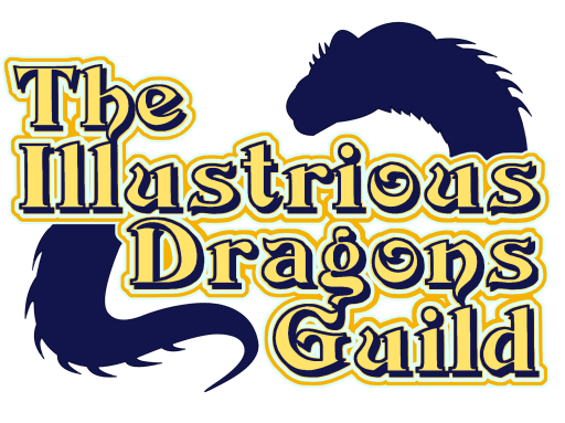 A yellow-on-navy title logo for the webcomic "The Illustrious Dragons Guild", written and illustrated by AmpheresPrince. Behind the logo is the partial silhouette of a dragon and it's tail.