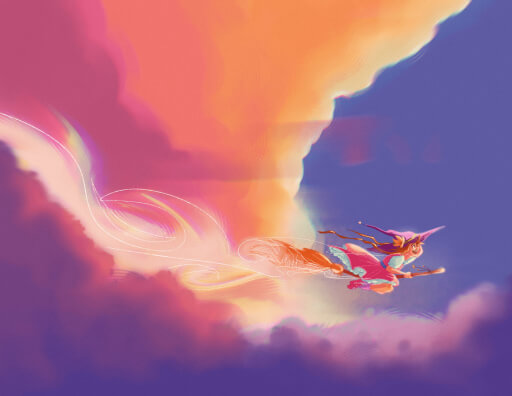 A picture of clouds, in blue, oranges, pinks and yellows, with a smiling little witch with a purple hat and pink dress soaring through the sky from left to right.