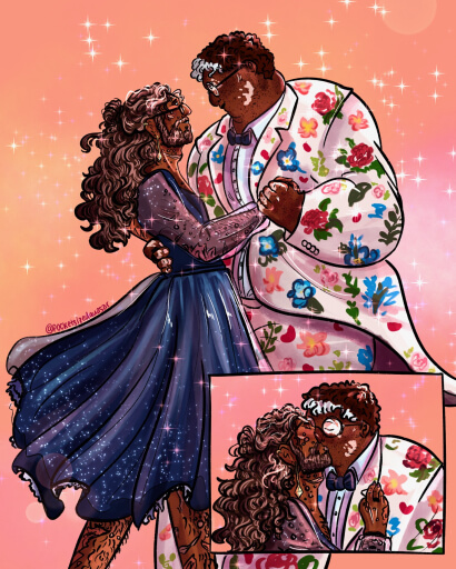 ID: A digital comic page of Jon and Martin from The Magnus Archives, dancing together. The first panel is a large splash panel of the two of them dancing and smiling softly at each other, and the second is a small panel at the bottom right where Jon leans up to kiss Martin. The entire image is lit with a bright peach-pink, and covered in sparkling light. Jon is a thin Persian person with medium brown skin and long, curly graying brown hair, pulled up into a fancy half bun updo. He has a beard and scars dotting his skin. They are wearing a deep blue velvet dress with sheer tulle over the sleeves and skirt, the bottom of the dress dotted with stars and sparkles. He is wearing earrings and an ace ring on his right hand. Jon’s dress is twirling as the two of them dance. Martin is a tall, fat Black and Filipino man with dark brown skin and short, curly dark reddish brown hair. He has freckles and vitiligo dotting his face and hands, and white on the tips of his hair. Martin is wearing a pale white suit with floral patterns all over it, and an ace ring on his right hand.