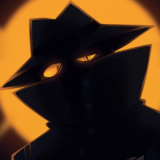 A fanart of the character Insider (a mysterious robot, with a tophat and a high collar coat suit) from the game Toontown Corporate Clash. They are mostly in shadows, lit by a bright yellow light from behind, their eyes glow yellow as well.