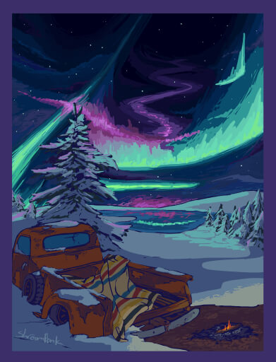 Illustration of an old 1950s era orange pickup truck, abandoned in a snowy scene. The truck has a blanket in the back seat and a small fire is smoldering nearby. In the background, the northern lights are visible.