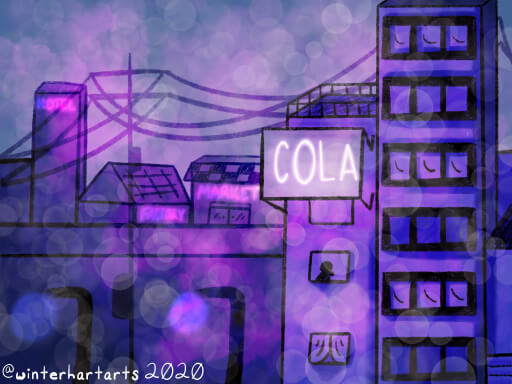 Image of a purple tinted neon cityscape at twilight in a lofi aesthetic.