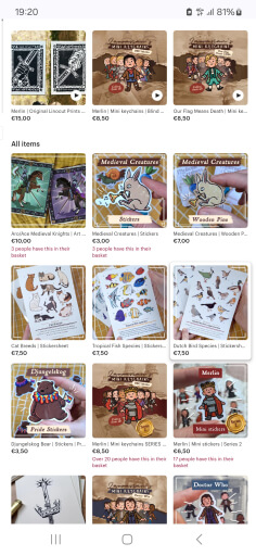 A screenshot of an etsy webpage showing several items for sale, including medieval style linocut prints, stickers and wooden pins. Several pride themed items are also shown, like bear stickers with pride flags and medieval knights carrying aro and ace banners.