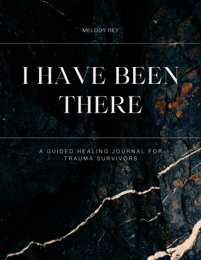 Black, Gold and rust colors in a Kintsugi style background with the title "I Have Been There: A Guided Healing Journal for Trauma Survivors" By Melody Rey