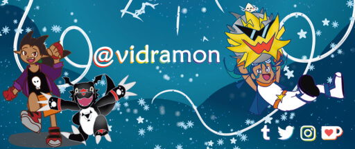 Digital drawing of Malroth and a custom builder from DQB2 drawn in Digimon style, accompanied by Black Guilmon and ShootingStarmon respectively on an abstract teal background with white accents. Between the illustrations is the handle vidramon and in the bottom right corner are the logos for Tumblr, Twitter, Instagram, and Ko-fi.