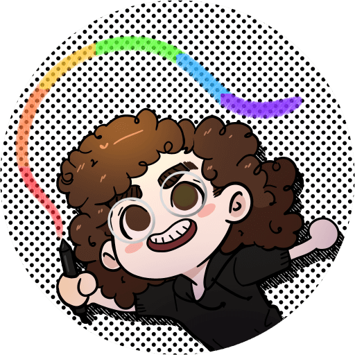 A cute, chibi drawing of the artist, wearing a black, short-sleeve hoodie and holding a tablet pen in his right hand. he has shoulder length curly hair, and is looking up and to the right, grinning at a rainbow ribbon coming from the tip of the pen. the background is a white circle with tiny black polka dots.