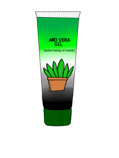 A digital drawing of a lotion bottle in the aromantic flag (dark green, light green, white, grey, and black) that reads, "ARO VERA GEL Soothes feelings of invalidity" with a picture of a succulent.