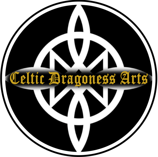 Gold text in a gothic font reads "Celtic Dragoness Arts" the name of the artist/buisness. Behind it, A white logo on a black background is encased in a white circle. The white logo depicts a "Dagaz" rune inside a four-pointed witches knot.