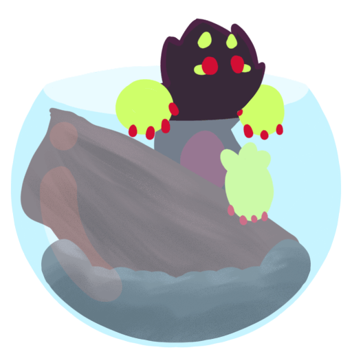 A round open terrarium with a log and mud inside. A bug creature is climbing outside the bowl. The colours of the bug are deep purple with red eyes and green feet. The image is in a simplified, lineless style