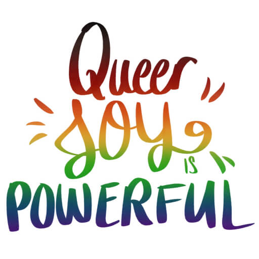 ID: handwritten rainbow text on a white background that reads “queer joy is powerful”