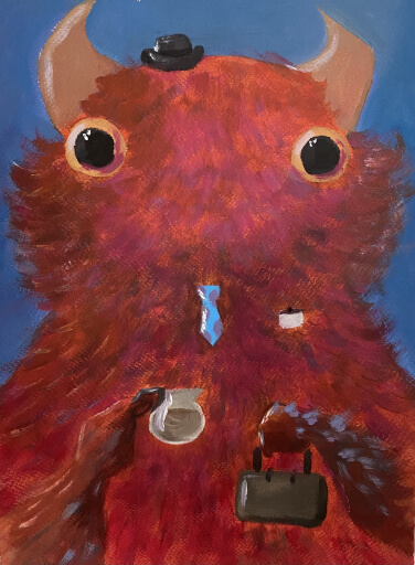 A horned, fuzz,y orange, yellow-eyed creature wearing a blue tie with purple spots, a small, black bowler hat and a blank name tag, holding a coffee maker as if it were a coffee cup in the right hand and a briefcase in the left hand.