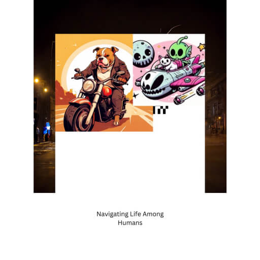 The image consists of two distinct parts: On the left is a cat and alien flying in a starship. On the right is a bulldog riding a motorcycle. The text beneath reads: Navigating Life Among Humans.