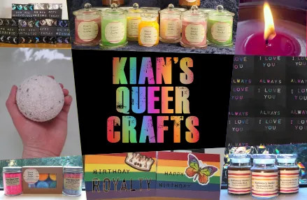 A collage of brightly coloured candles and bath products, as well as one photo of a person in a green corset and black suit on a wheelchair. In the middle is a black rectangle which reads "Kian's Queer Crafts" in bold rainbow font.