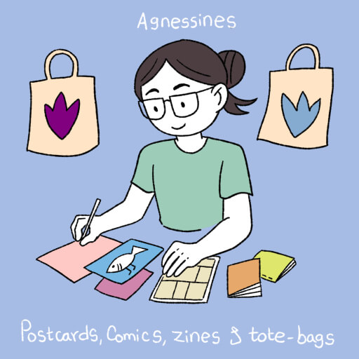 Cartoon self-portrait of the artist drawing an assortment of zines, comics and illustrations.