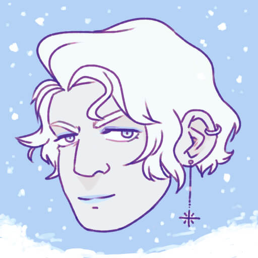simple portrait drawing of a white-haired femme person with earrings on an ice blue background with snow