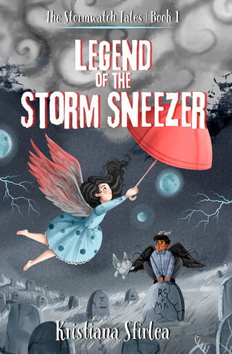 Book cover of Legend of the Storm Sneezer featuring a girl with wings being pulled through the air by an umbrella in a stormy graveyard.