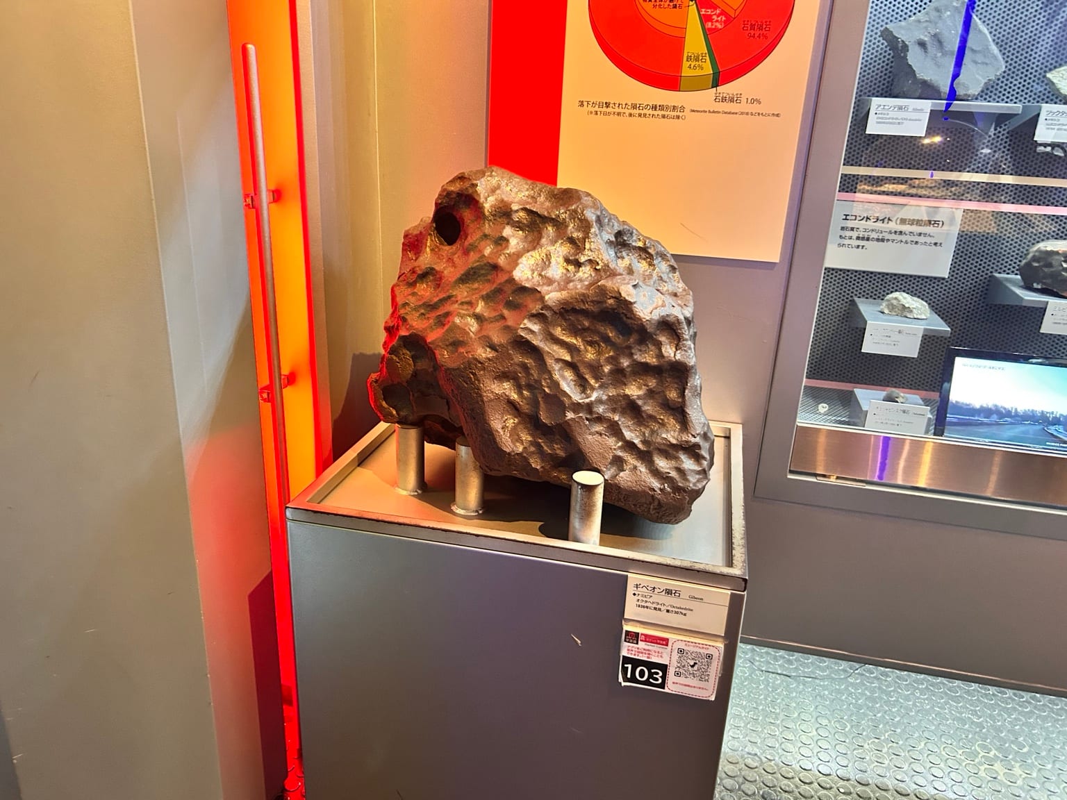 ギベオン隕石の展示と周囲の鉱物コーナー
