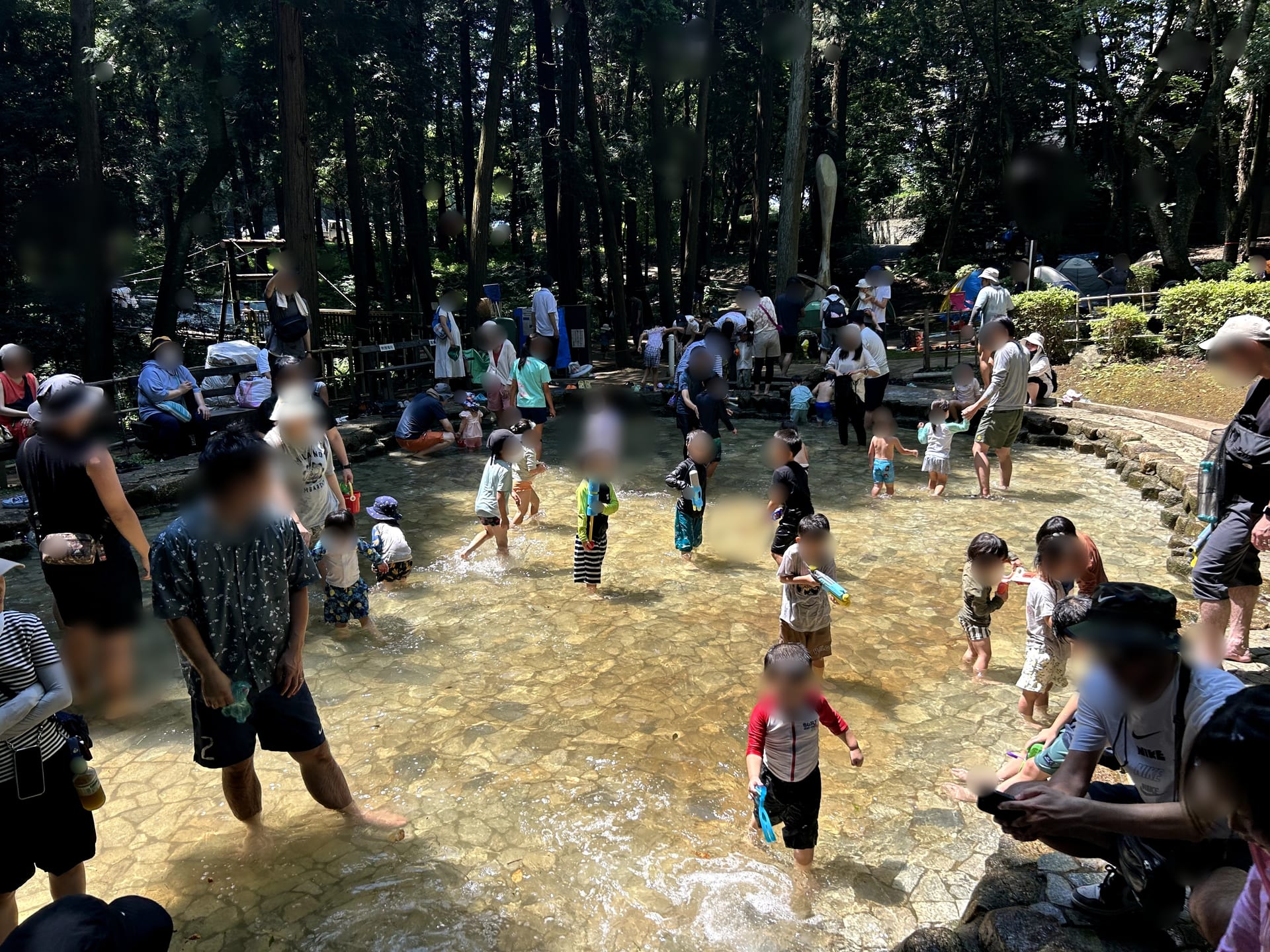 多くの家族でにぎわうじゃぶじゃぶ池の全景