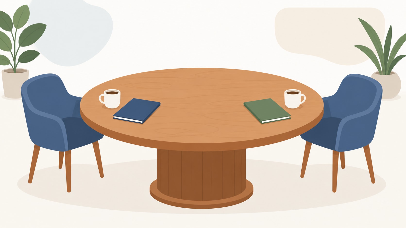 Round conference table with two empty chairs illustrating mediation versus trial in Mississippi