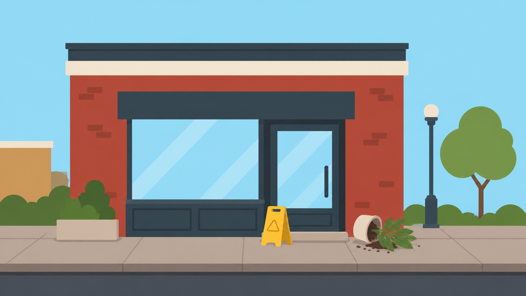 Storefront with wet floor sign and tipped potted plant illustrating slip and fall premises liability