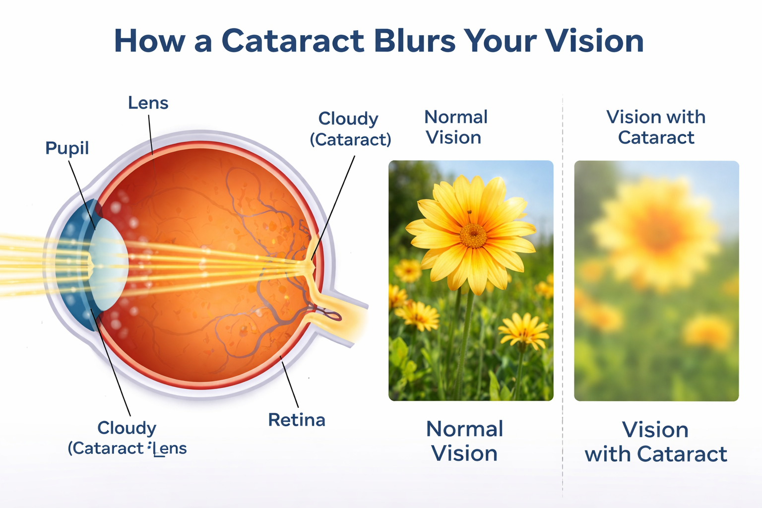 Cataract diagram showing a cloudy lens scattering light