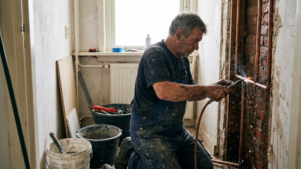 Loodgieter repareert waterleiding in muur