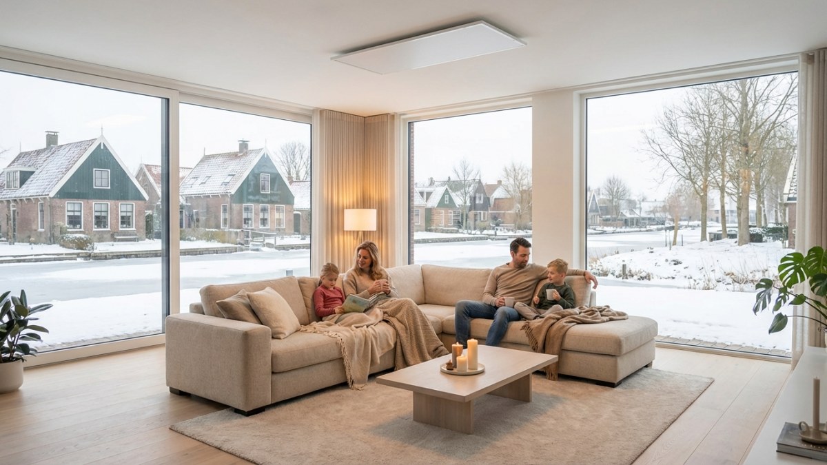 Infrarood verwarming in woonkamer - gezin geniet van stralingswarmte