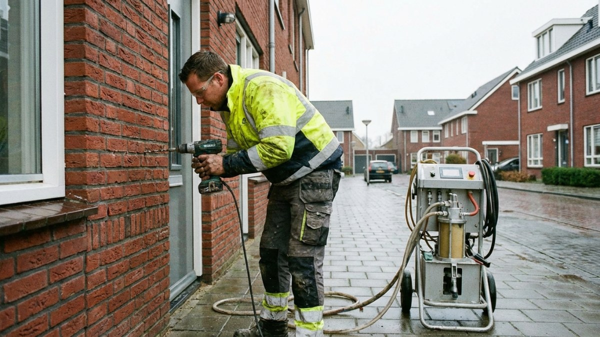 Spouwmuurisolatie - vakman boort gaten in gevel voor injectie