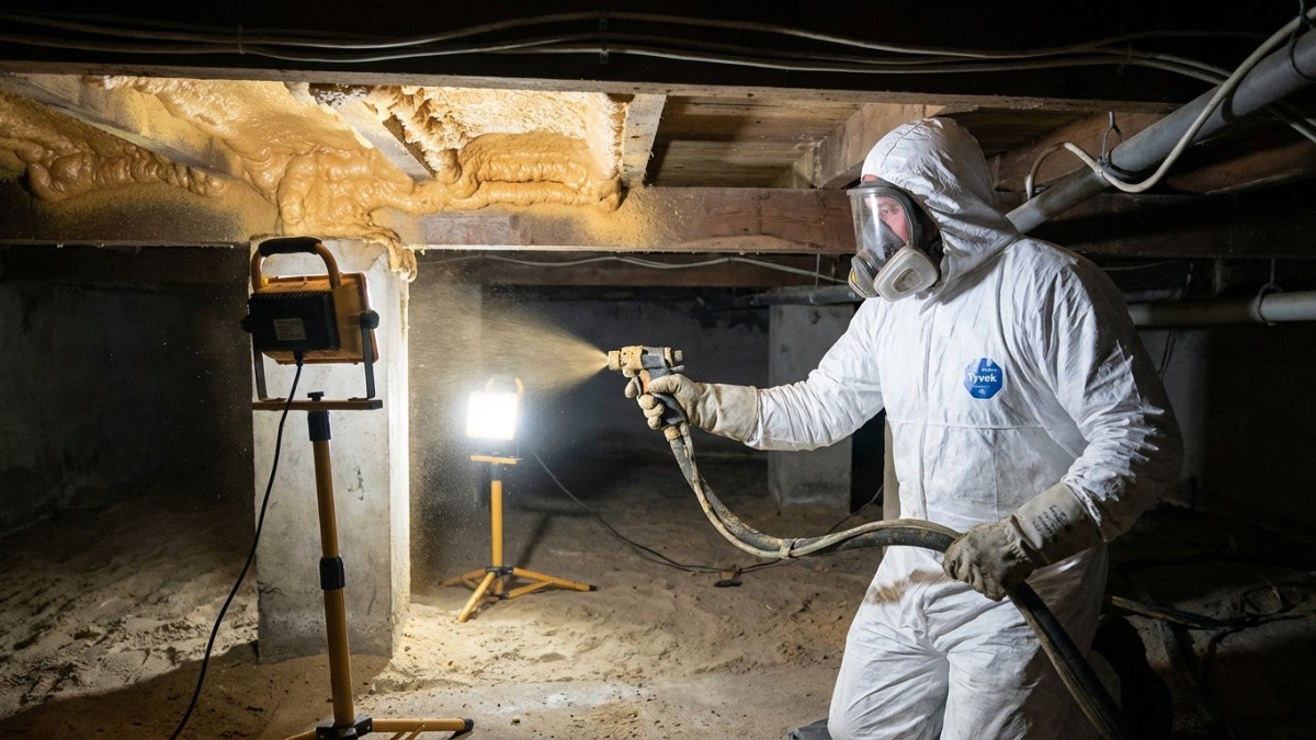 Kruipruimte isolatie - PUR-schuim wordt gespoten tegen vloer