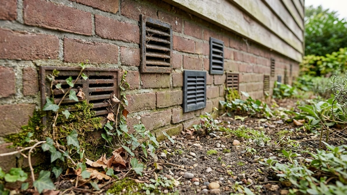 Ventilatieroosters in fundering voor kruipruimte ventilatie
