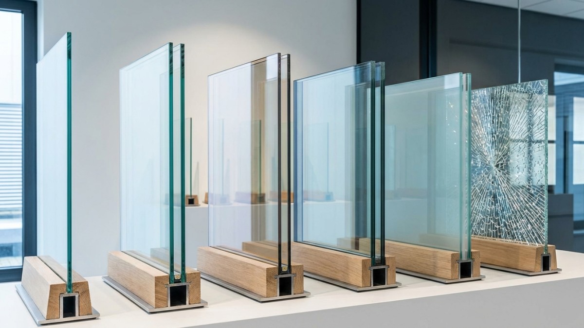Glassoorten vergelijken in showroom - isolerend en veiligheidsglas