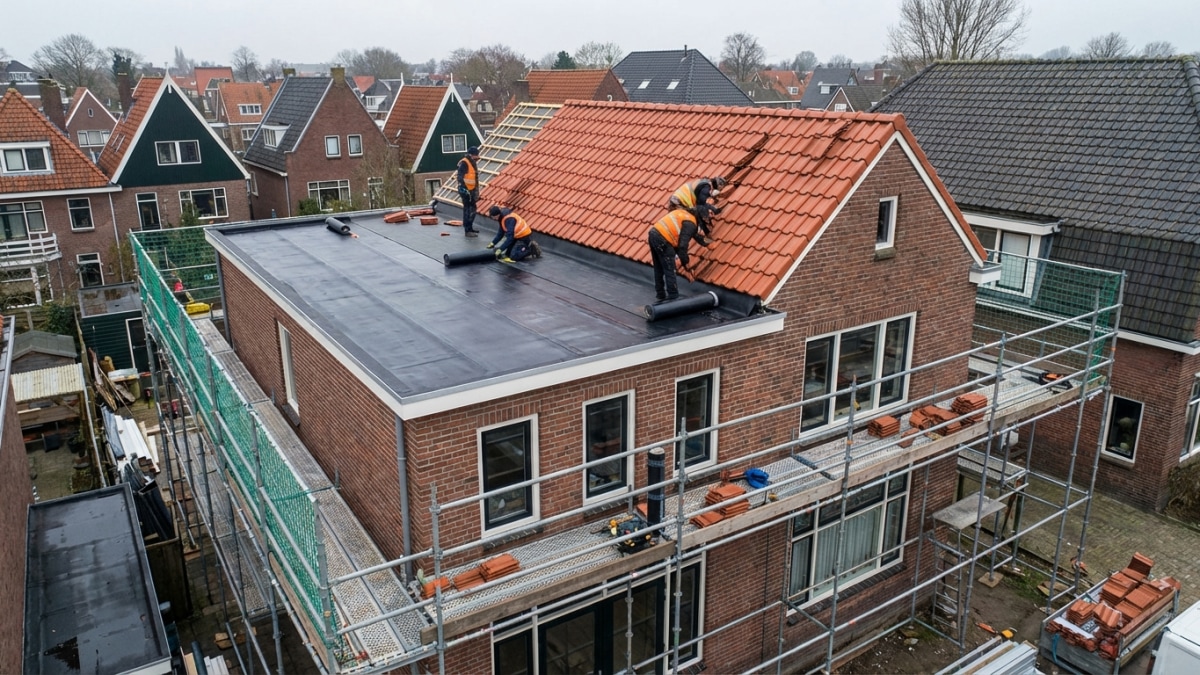 Dakbedekking - EPDM plat dak en keramische dakpannen hellend dak