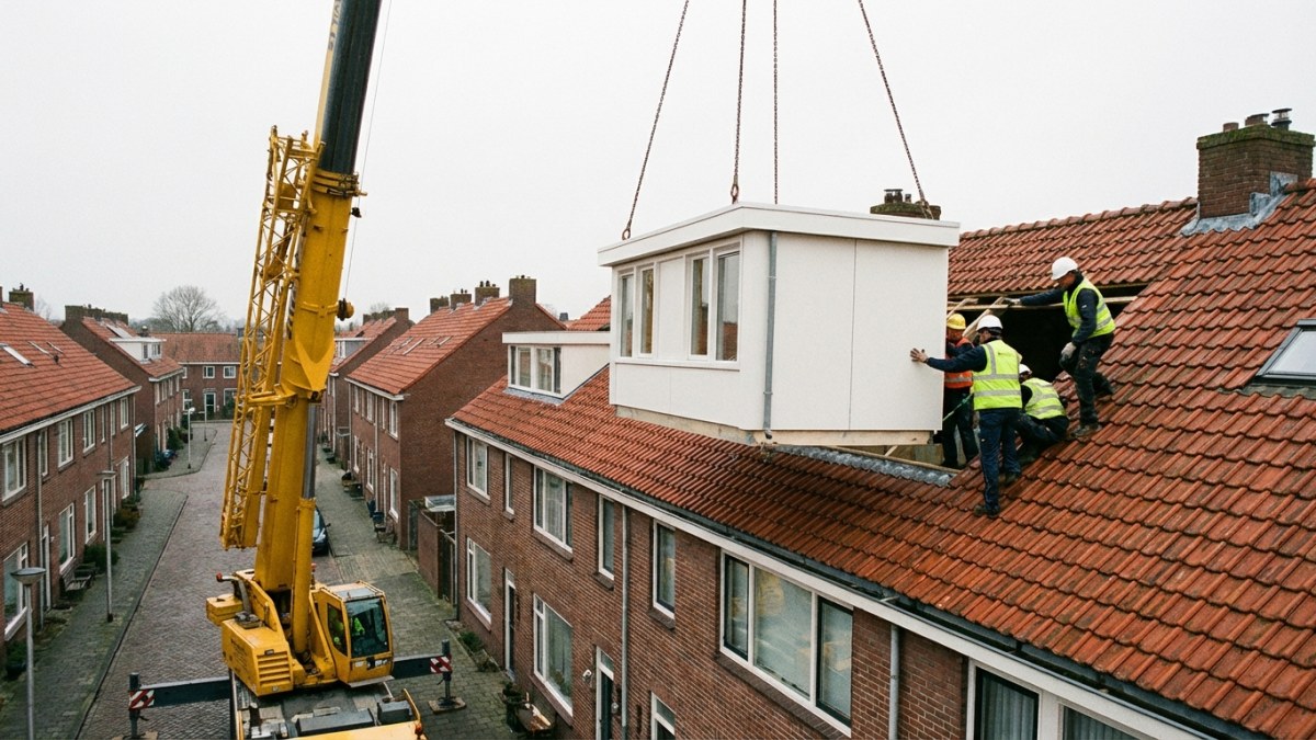 Prefab dakkapel plaatsen met kraan op Nederlandse woning