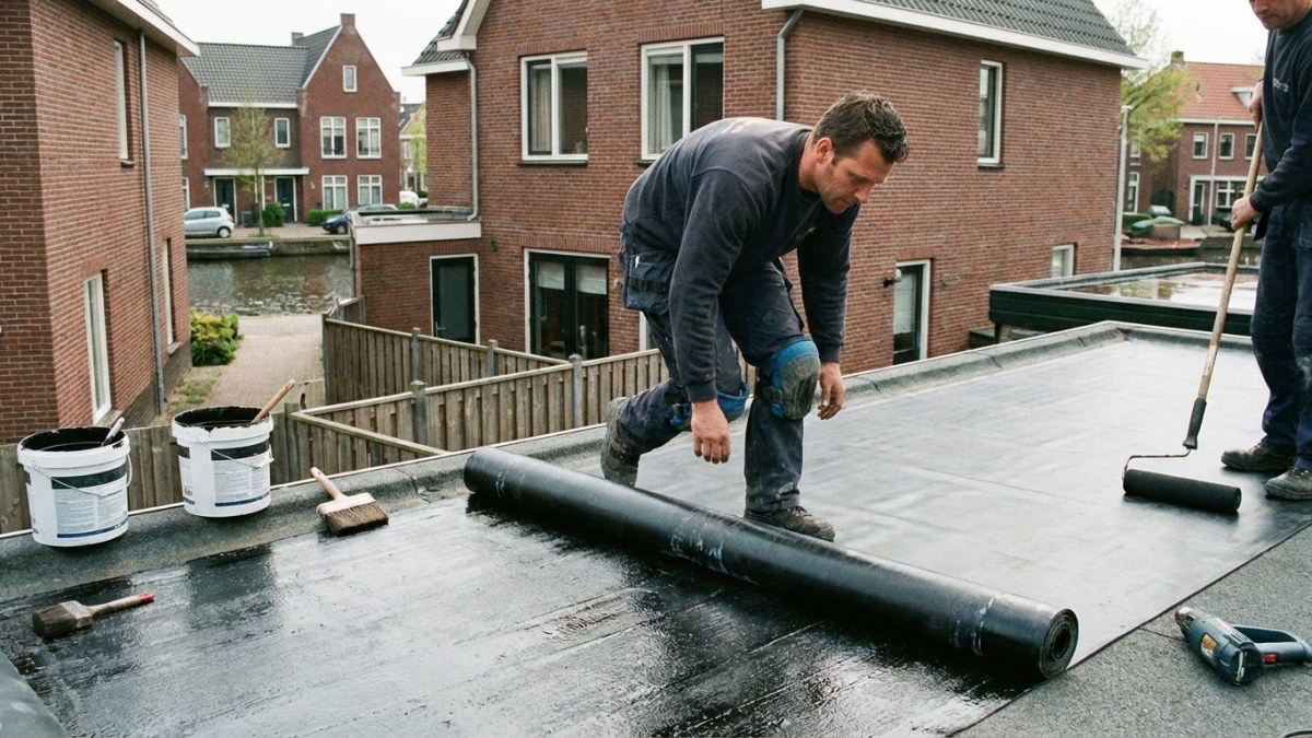 EPDM rubber dakbedekking uitrollen op plat dak
