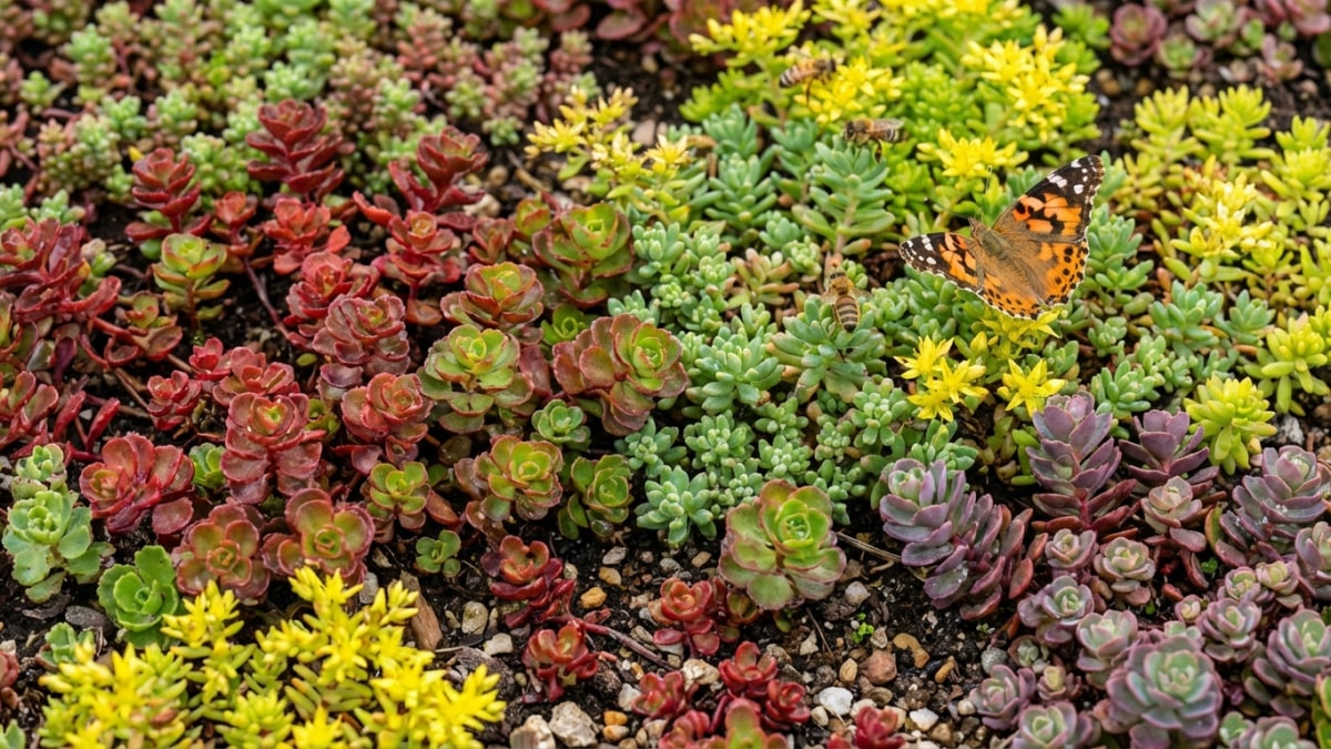 Sedum groendak in bloei met bijen