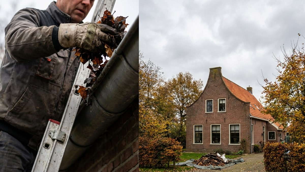 Dakgoot reinigen en bladeren verwijderen