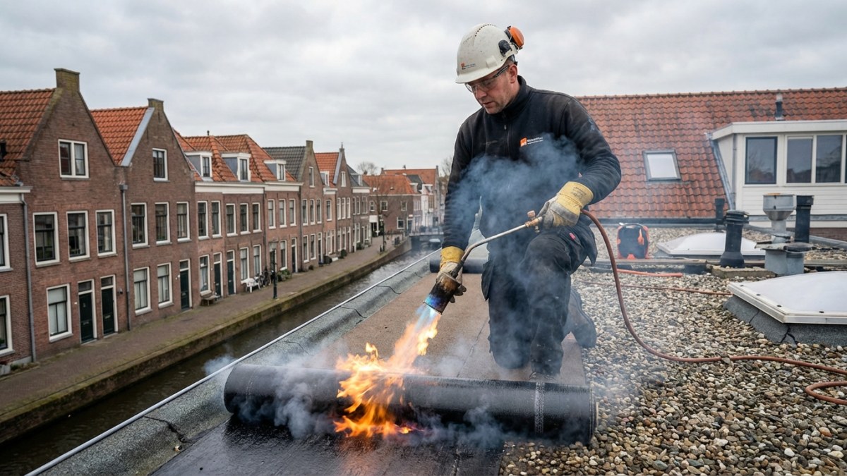 Bitumen dakbedekking aanbrengen met brander op plat dak