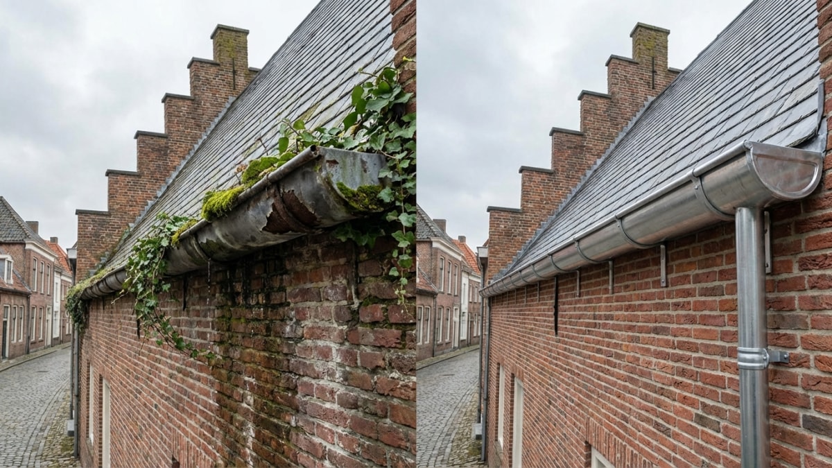Oude beschadigde dakgoot versus nieuwe zinken goot