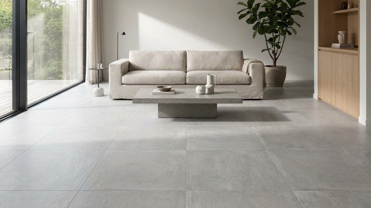 Vloertegels in woonkamer - grote keramische tegels in lichtgrijs